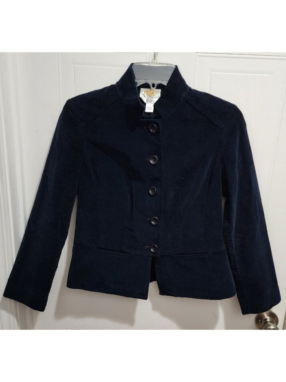 Vintage Talbots Women's 5 Button Up Blazer Jacket Stretch Velvet Blue Size 2P